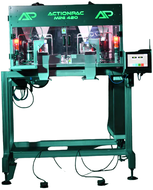 Full view of the ActionPac Mini 420 compact cannabis packaging system with dual weigh-fill heads, enclosed safety housing, and integrated touchscreen control, built for small-batch or mid-volume production.