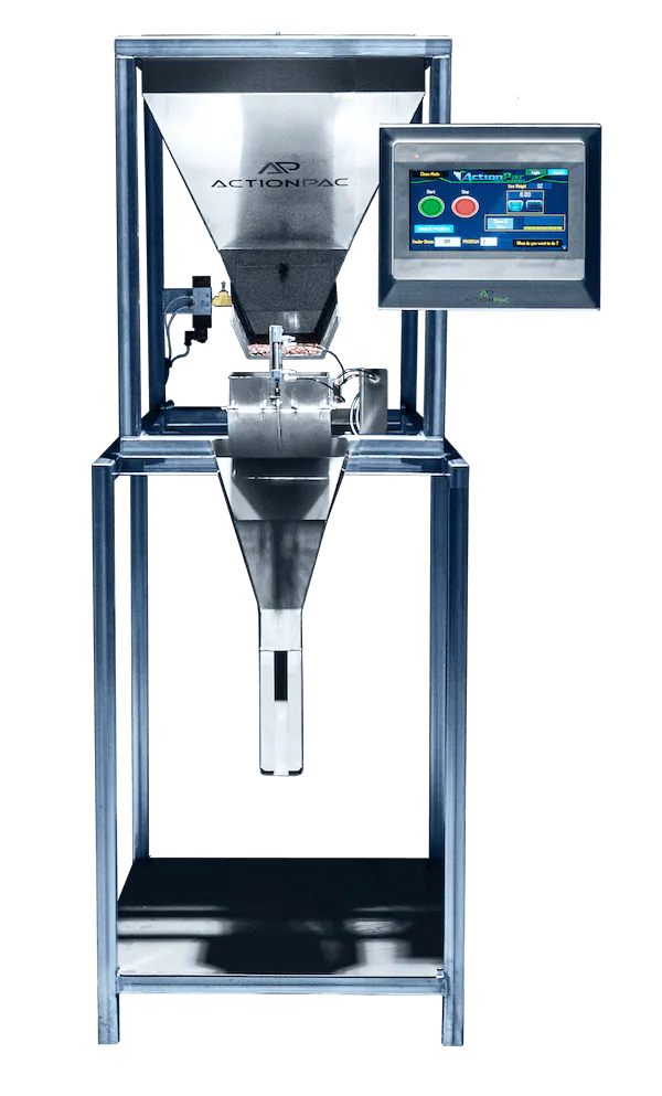 ActionPac ME109® weigh-and-fill machine with touch-screen interface, designed for accurate, high-speed filling of dry products. Engineered for simplicity, precision, and easy integration into packaging lines.