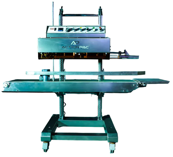 Industrial-grade Seal-E-7™ band sealer from ActionPac, featuring adjustable conveyor height and front-facing control panel for precise, high-speed bag sealing.
