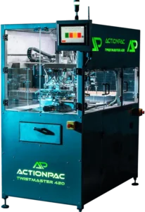 ActionPac TwistMaster™ 420 automated pre-roll twisting machine, enclosed in a clear safety casing with touch-screen control. Designed for high-speed cannabis pre-roll production with precision and consistency.